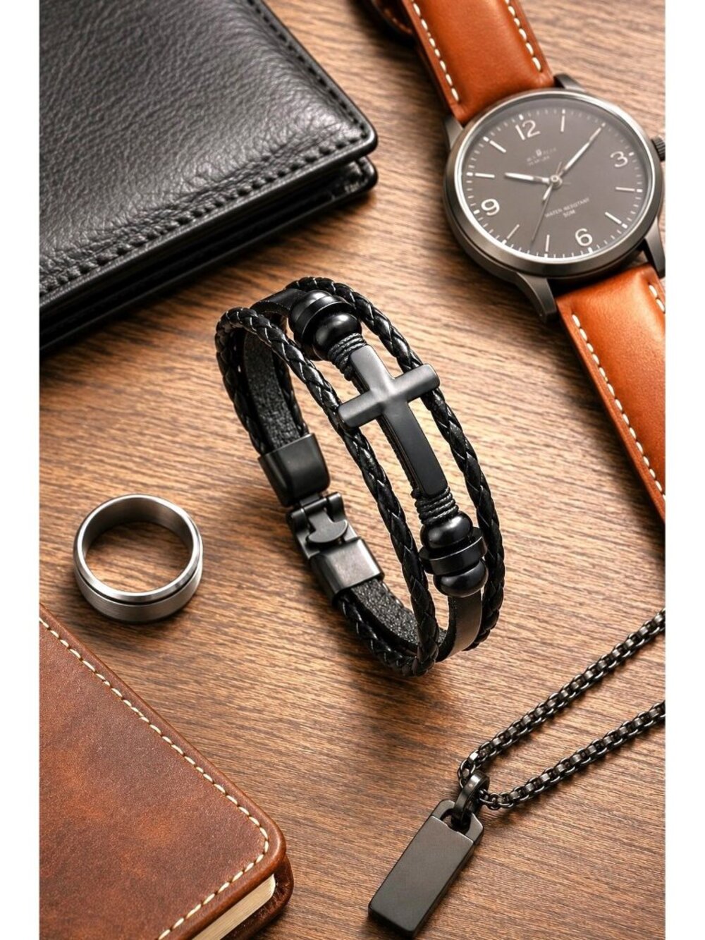 Unisex Black Leather Cross Bracelet | Multi-Strand | Men's & Women's Jewelry NWT